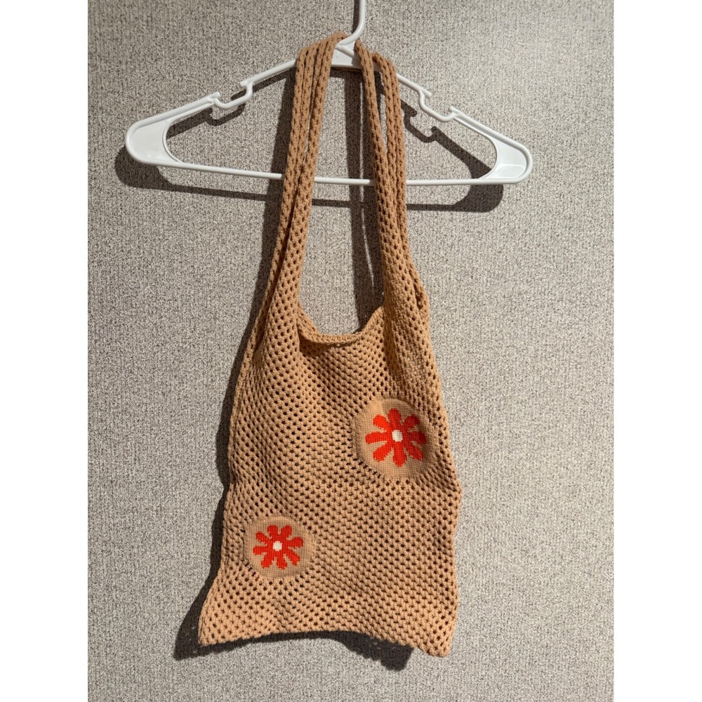 Tan Crochet Knit Tote Bag Orange Floral Flower Applique Boho Shoulder Bag Summer